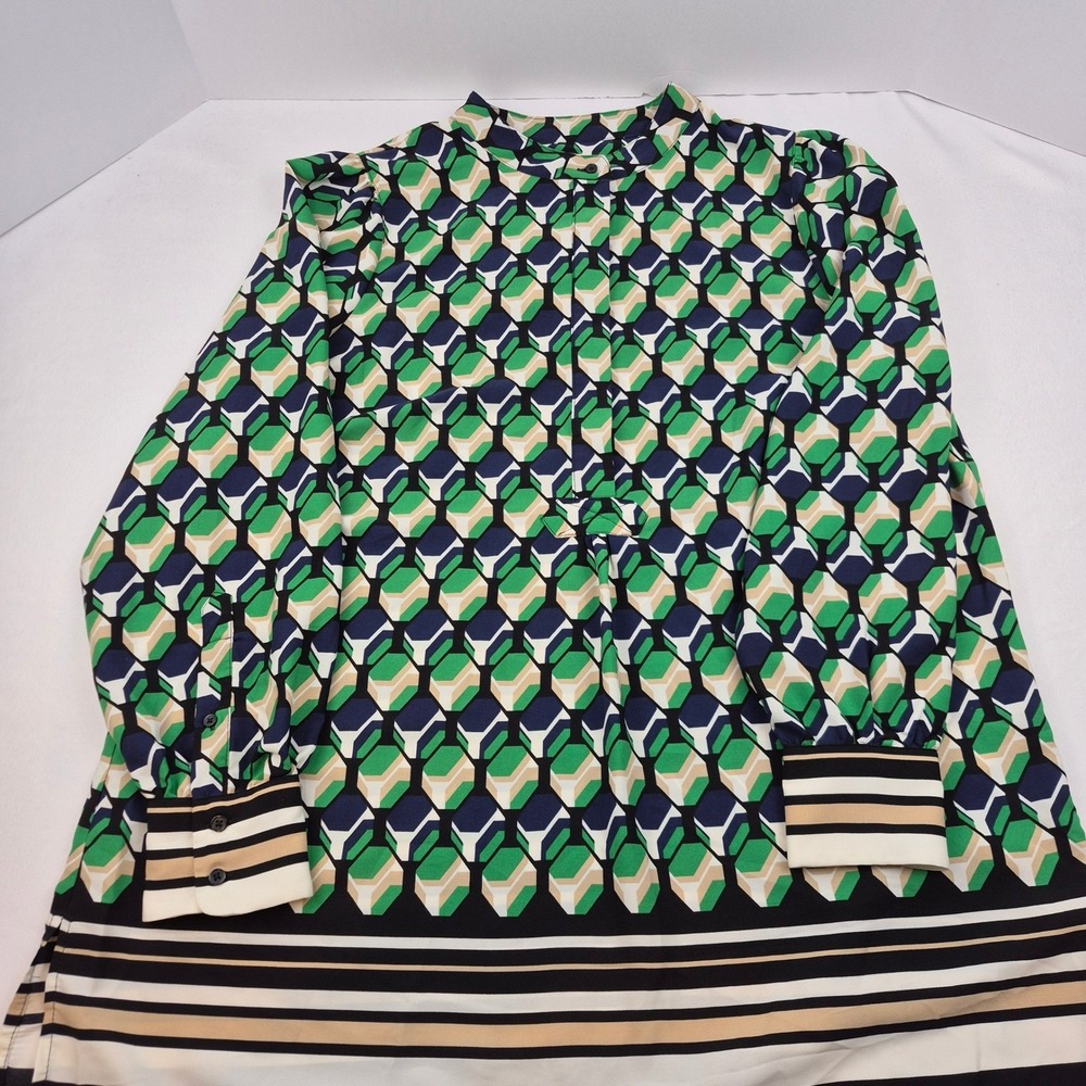 Anne Klein Geo Printed Poet Blouse Women's 1X Green Tan Covered Placket Top NWT - Picture 6 of 16